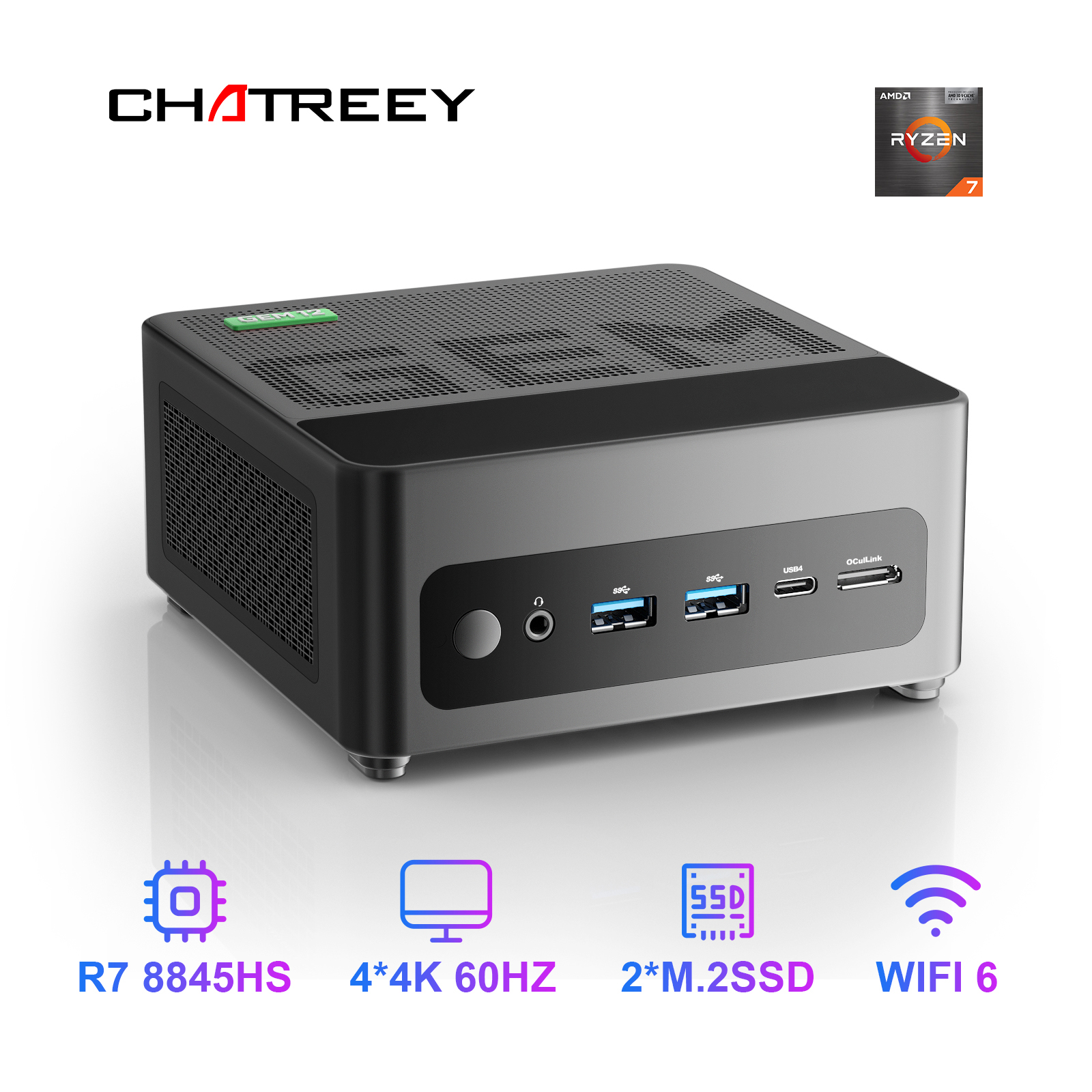 Chatreey GEM 미니 PC R7 8845HS 7840HS 780M R9 6900HX 680M 게임용 데스크탑 컴퓨터(WiFi 6/블루투스 5.2/OCuiLink/HDMI/USB 4 포함)